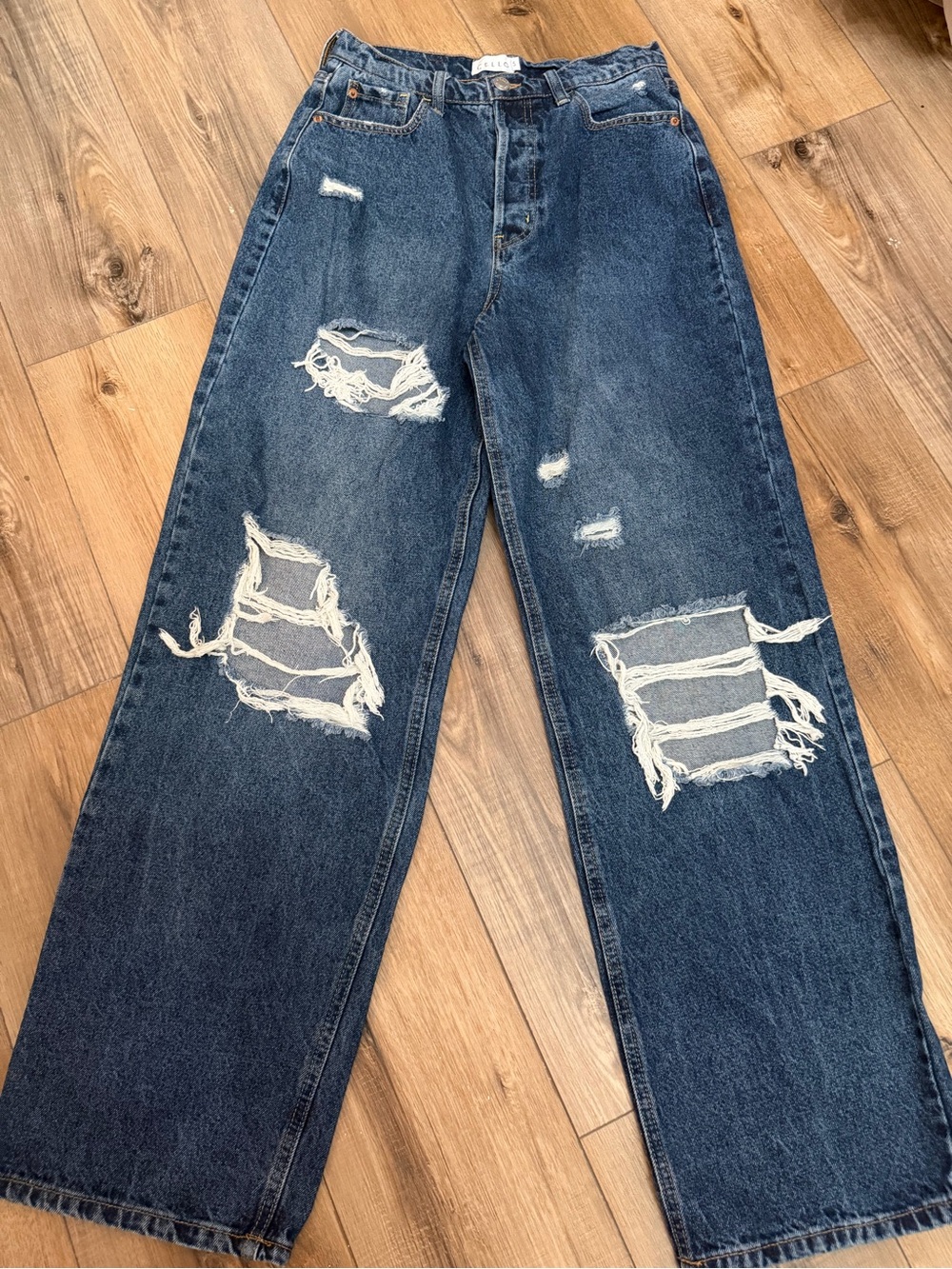 Cello Women's Distressed Wide Leg Jeans - Dark Blue